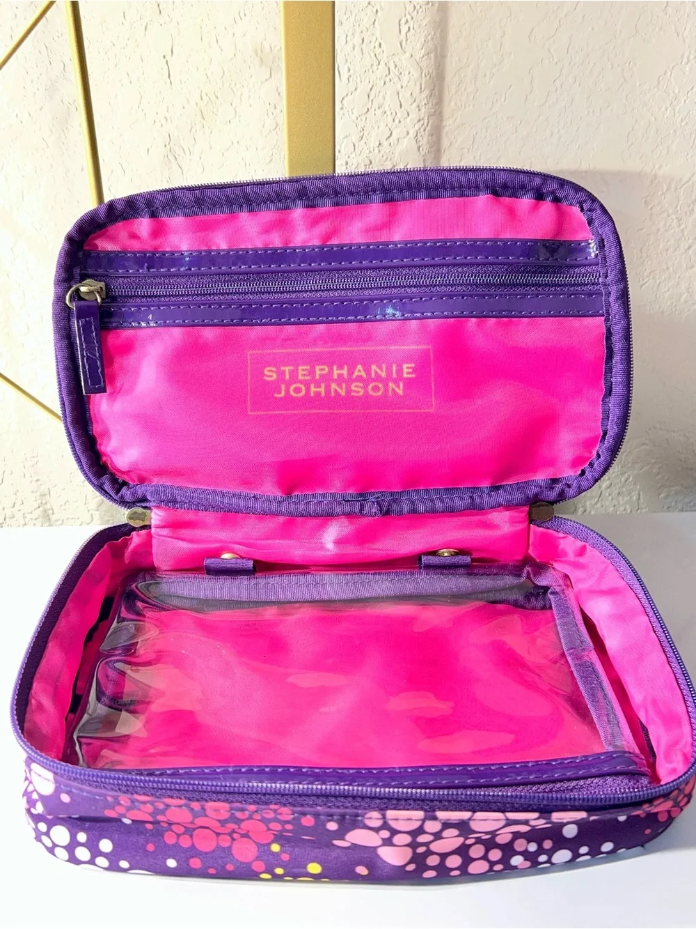 Stephanie Johnson Pink and Purple Dot Travel Cosmetic Case with Detachable Pouch